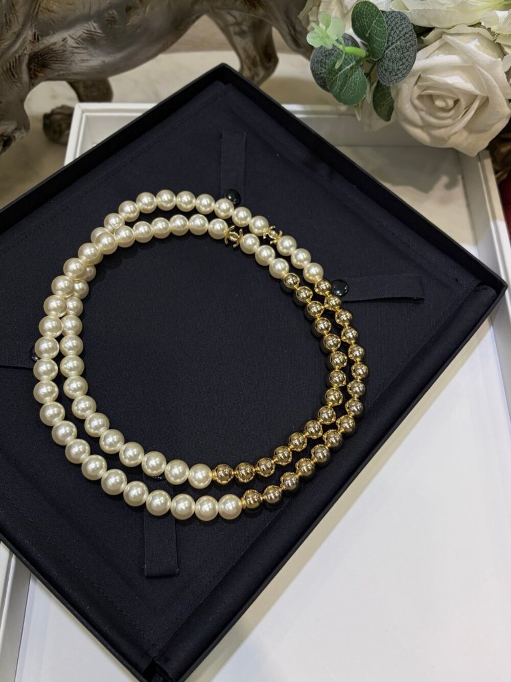 Chanel Gold-Tone Faux Pearl & Gold Bead CC Long Necklace